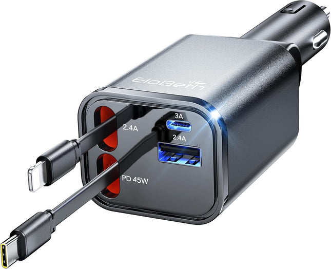 84W Retractable Car Charger, USB C Fast Charge, iPhone & Galaxy, Car Adapter