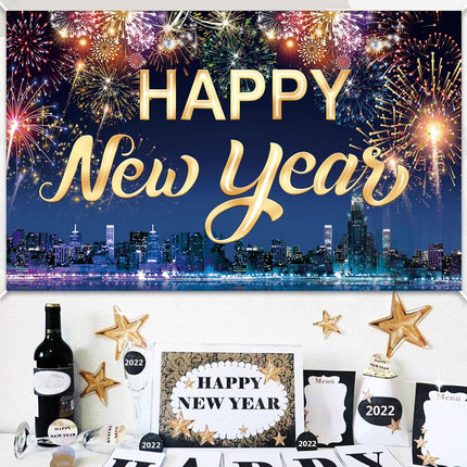Happy New Year Fabric Banner Backdrop with Fireworks Photo Booth Decor