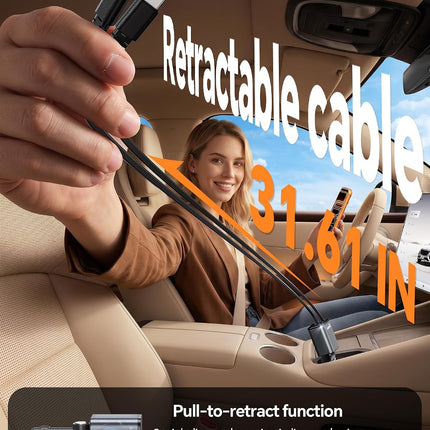 84W Retractable Car Charger, USB C Fast Charge, iPhone & Galaxy, Car Adapter