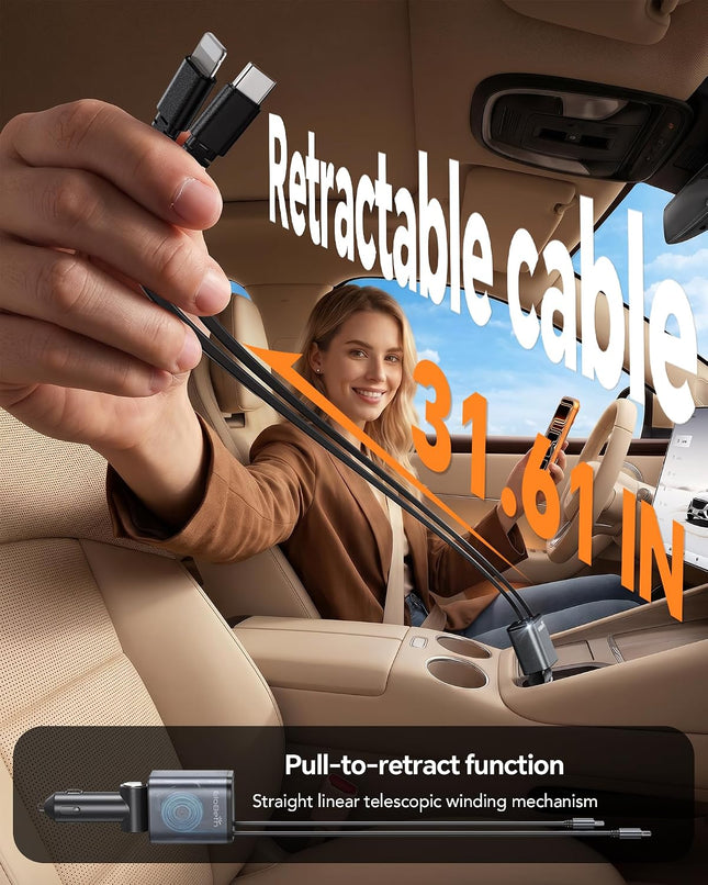 84W Retractable Car Charger, USB C Fast Charge, iPhone & Galaxy, Car Adapter