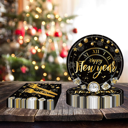72-Piece 2026 New Year Party Supplies – Black & Gold Plates & Napkins