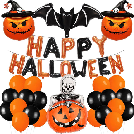 Happy Halloween Balloon Banner, Orange Black Bat & Pumpkin Balloons Party Decor