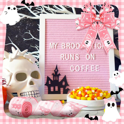 6-Roll Pink Halloween Wired Ribbon, 30 Yards, Ghost Witch Hat Bat Spider Web Print