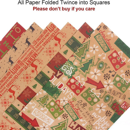 12 Sheets Christmas Wrapping Paper – 6 Vintage Kraft Designs with Tags & String