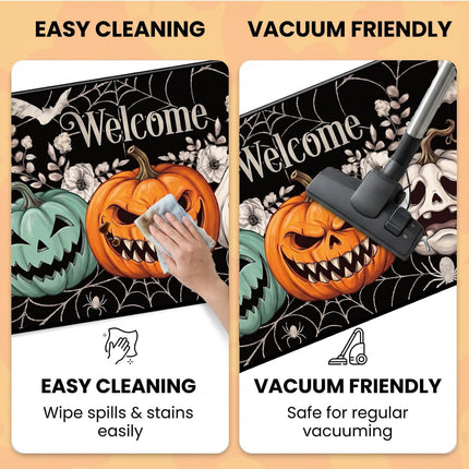 Halloween Welcome Door Mat 17x29in, Non-Slip Spooky Pumpkin Absorbent Rug