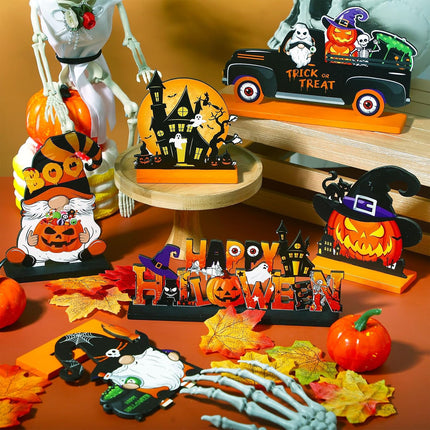 6-Piece Halloween Wooden Table Centerpieces, Pumpkin Gnome Witch Hat Party Decor