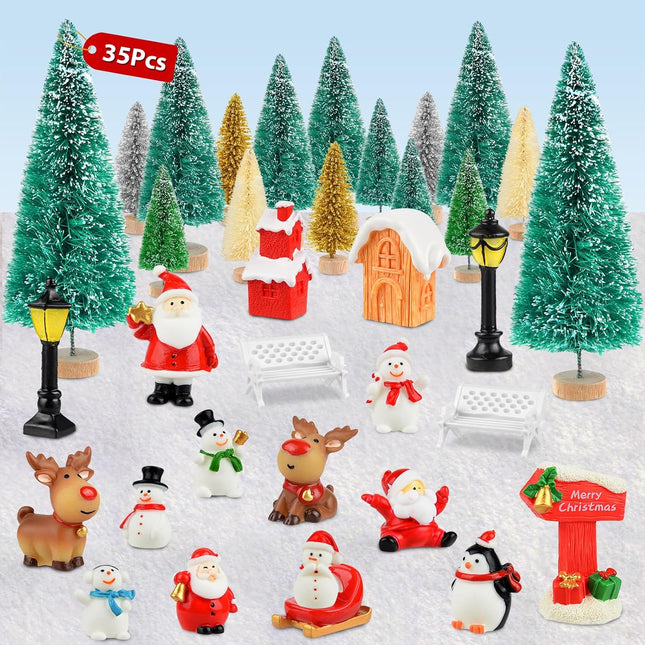 35 PCS Mini Christmas Figurines Trees Snowman Santa Claus Xmas Village Decor