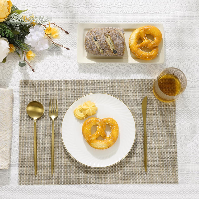 Beige Woven Vinyl Placemats Set of 4 Reversible Indoor Outdoor Table Mats