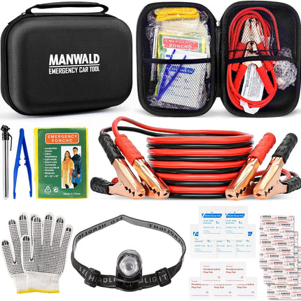Car Safety Tool Kit for Roadside Emergencies – Jumper Cables, Headlamp, Gloves & More