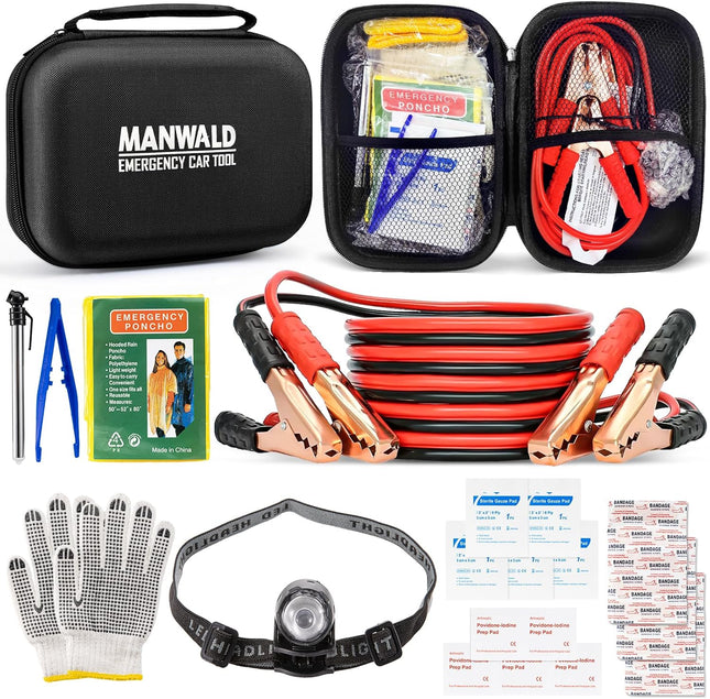 Car Safety Tool Kit for Roadside Emergencies – Jumper Cables, Headlamp, Gloves & More