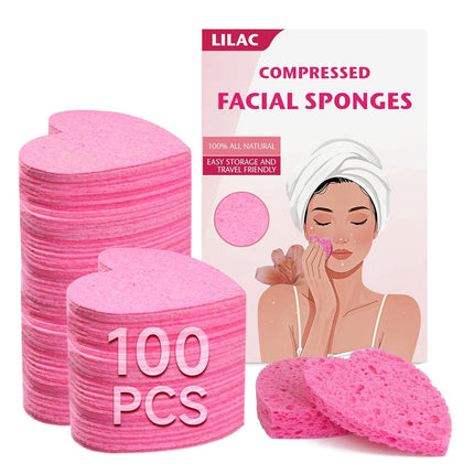 100-Pc Pink Heart Facial Sponges – Natural Cellulose, Gentle Cleansing & Exfoliating