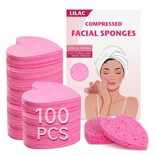 100-Pc Pink Heart Facial Sponges – Natural Cellulose, Gentle Cleansing & Exfoliating