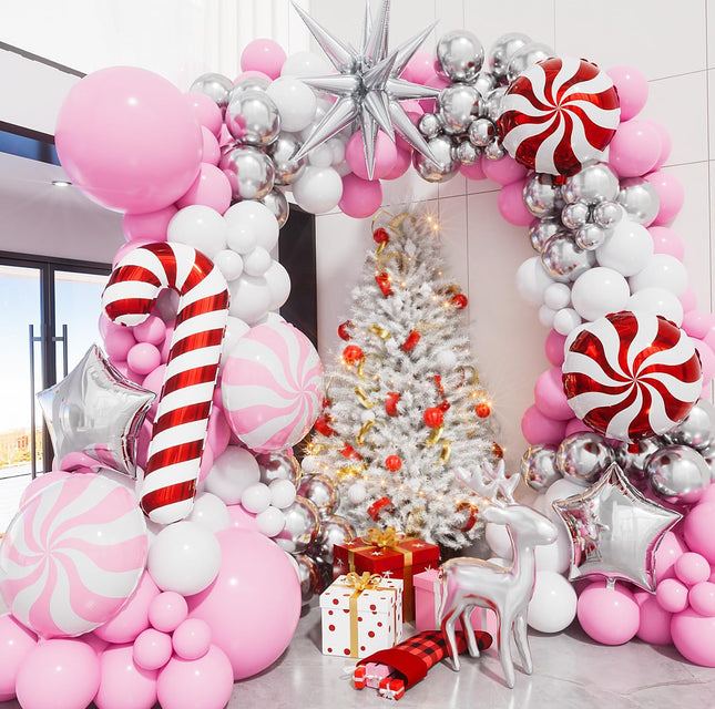 115-Pcs Christmas Balloon Garland Kit – Pink, White & Silver Xmas Decor