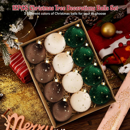 12PCS Christmas Tree Ornaments Velvet Balls Shatterproof Hanging Bulbs