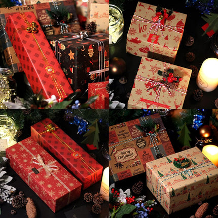 Christmas Wrapping Paper Set – 10 Kraft Sheets with 8 Stickers & Ribbon
