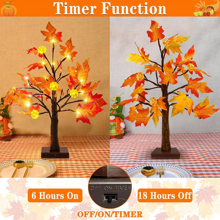 2-Pack 18in Pre-Lit Fall Maple Trees, 48 LEDs, Timer, Thanksgiving Table Decor