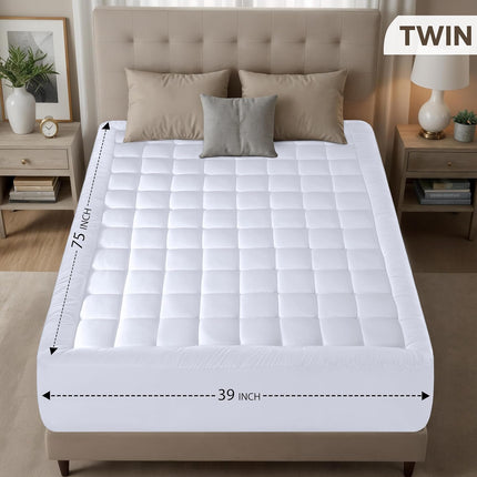 Twin Quilted Fitted Mattress Pad – Deep Pocket, Fluffy Pillow Topper, White