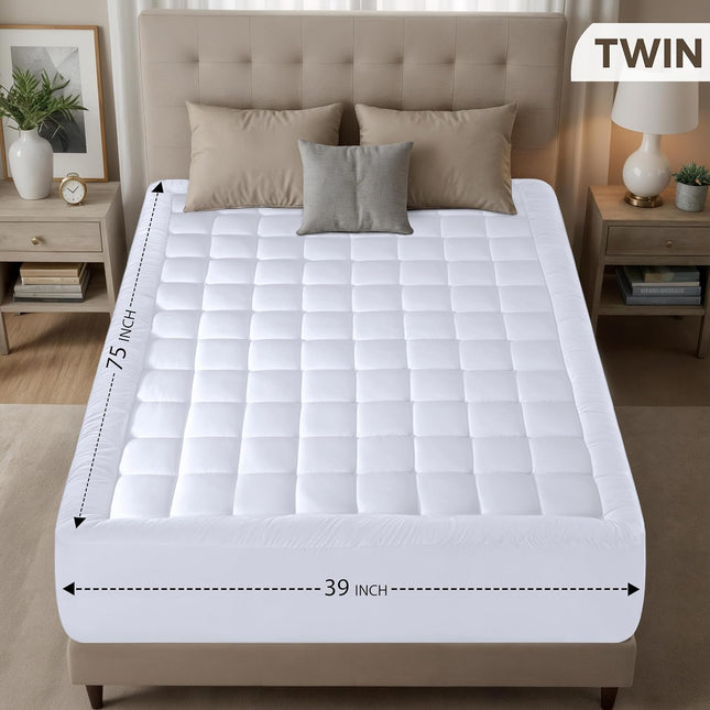 Twin Quilted Fitted Mattress Pad – Deep Pocket, Fluffy Pillow Topper, White