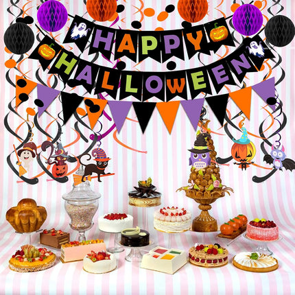 Happy Halloween Banner, Triangle Flags, Confetti, Honeycomb Balls & Swirl Streamers