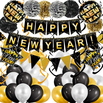 Happy New Year Banner & Party Decor – Black & Gold Flags, Swirls & Balloons