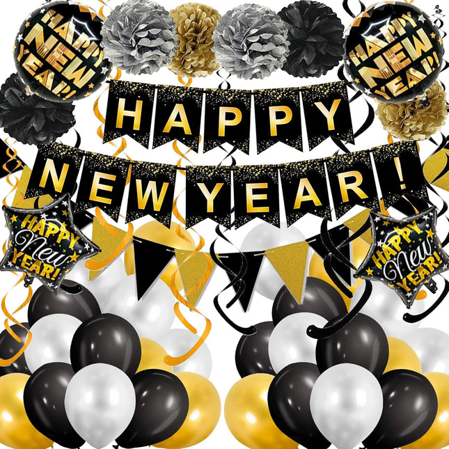 Happy New Year Banner & Party Decor – Black & Gold Flags, Swirls & Balloons