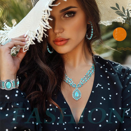 3 Pcs Western Bohemian Jewelry Set – Boho Pendant Choker, Leather Bracelet & Earrings