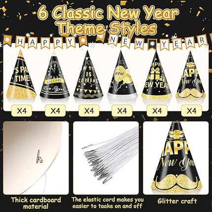 24 PCS Happy New Year’s Eve Party Hats Adjustable Paper Cone Decorations