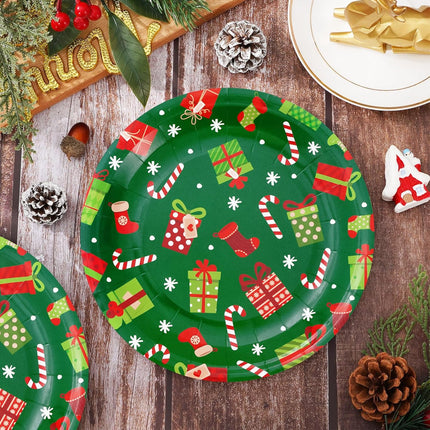 24PCS Xmas Paper Plates – Round 9" Snowflake & Gift Box Print Party Plates