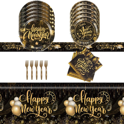 51 PCS New Year 2026 Dinnerware Set Black Gold Plates Napkins Forks Tablecloth