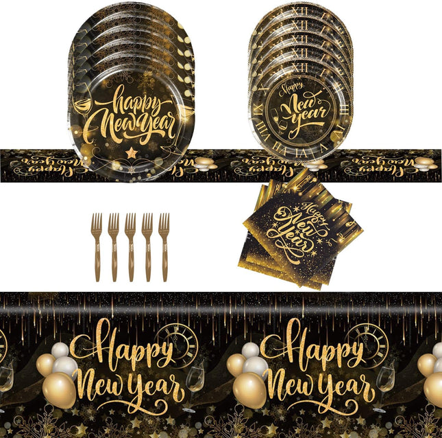 51 PCS New Year 2026 Dinnerware Set Black Gold Plates Napkins Forks Tablecloth