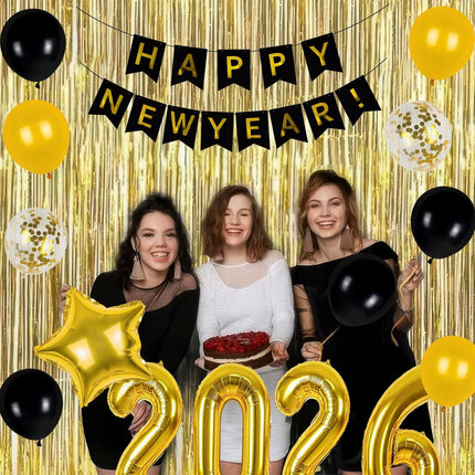 New Year 2026 Decorations Set – 32in Gold Balloons, Fringe Curtains & Banner
