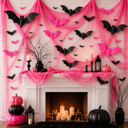 118x138in Pink Halloween Gauze with 32 3D Bats, Creepy Haunted House Party Decor