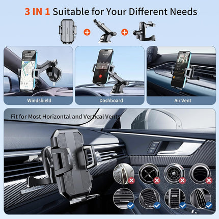 Upgraded 3-in-1 Car Phone Mount – Powerful Suction for Dashboard, Vent & Windshield