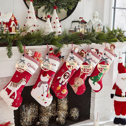 12PCS Christmas Hanging Wooden Name Tags – Snowman, Wooden Beads & Hollow Snowflake with Bows