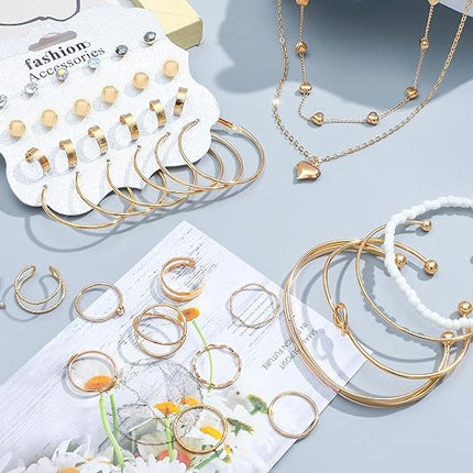 49-Piece Gold Jewelry Set for Women – Necklace, Bracelet, Ring & Earrings