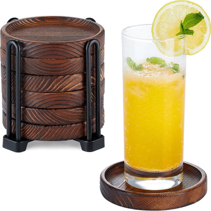 6PCS Wooden Drink Coasters – Acacia Wood with Holder for Coffee Table