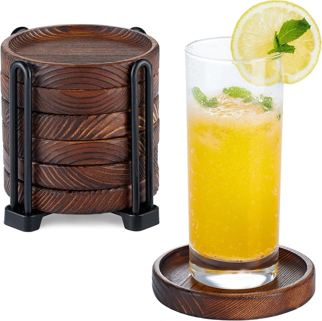 6PCS Wooden Drink Coasters – Acacia Wood with Holder for Coffee Table