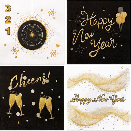48-Piece Happy New Year 2026 Napkins – Disposable Black & Gold Tableware