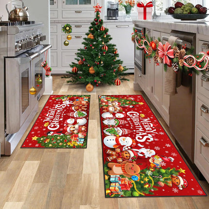 Merry Christmas Kitchen Rug Set, 2pcs Non-Slip Washable Floor Mats 17"x47"+17"x30"