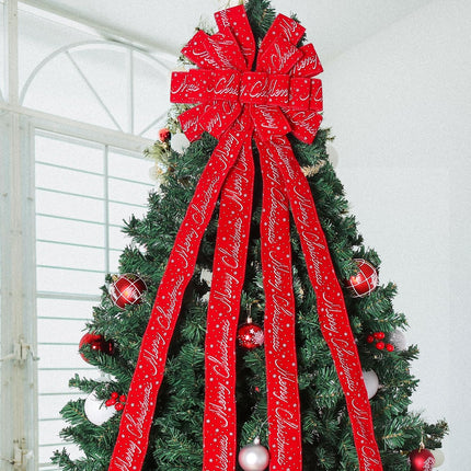 Christmas Tree Topper Bow – 52" x 13" Wreath Decoration with Letter Patterned Ribbon