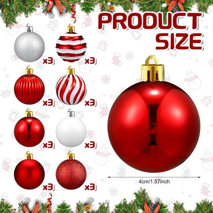 24 Pcs Red & White Mini Christmas Ball Ornaments, Glitter Shatterproof Candy Balls