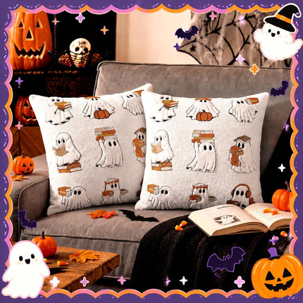 2-Pack 18x18in Halloween Reading Ghost Pillow Covers, Cute Book Lover Decor
