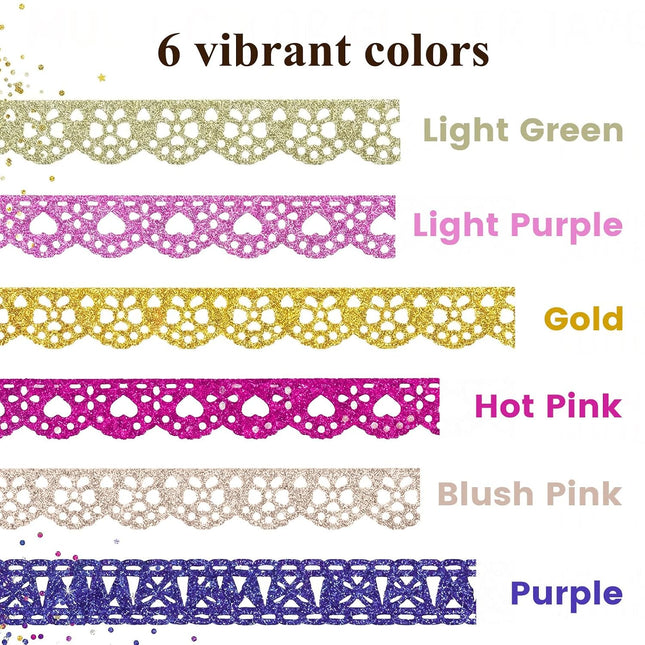 6 Rolls Glitter Lace Washi Tape Set, 6 Colors Decorative Scrapbook Tape Journals and Crafts