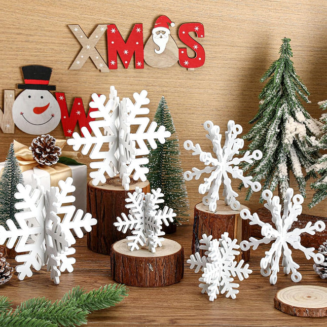12-Piece Christmas Wooden Snowflakes, 3D White Table Signs & Centerpiece Decorations