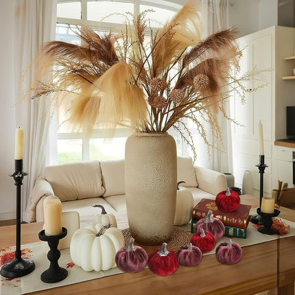 Burgundy Velvet Pumpkins Set of 12, Autumn Table Centerpiece & Harvest Decor