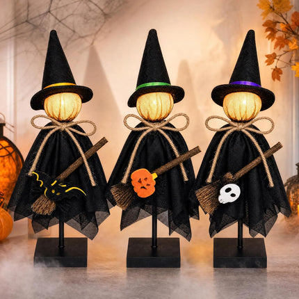 3-Piece Lighted Halloween Witch Figurines, Wooden Stand, 3 Modes Table Decor
