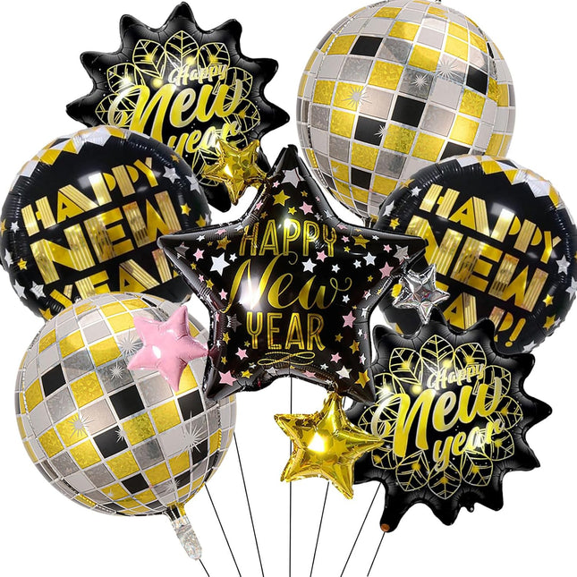 Happy New Year 2026 Balloons – 4D Disco Ball & Star Design Party Set
