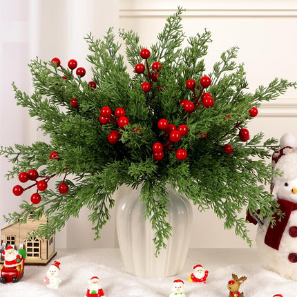 45PCS Artificial Norfolk Pine Branches with Red Berries – DIY Xmas Decor