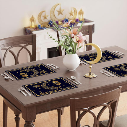 Black Gold Moon Stars Lantern Placemats – Set of 4 for Ramadan Table Decor