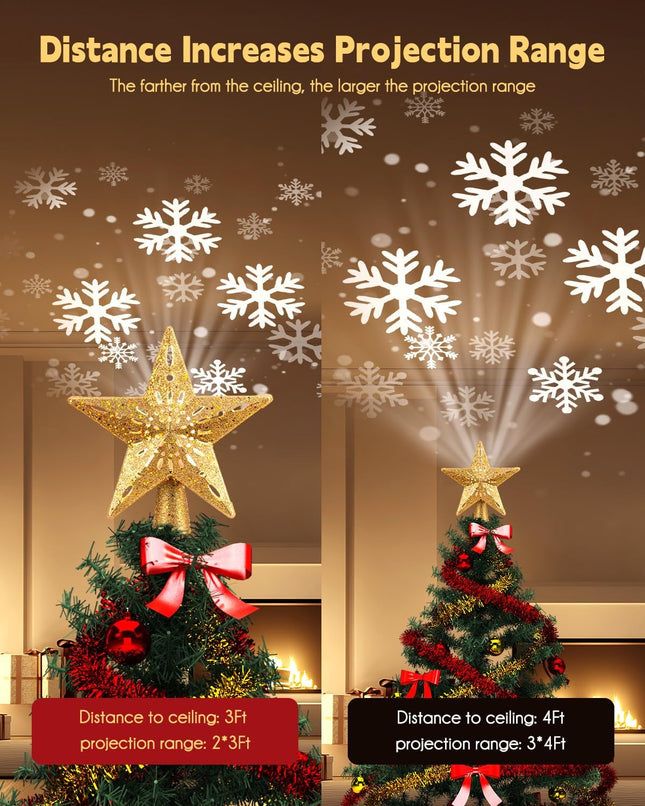 Christmas Tree Star Topper with Built-In LED Snowflake Projector, Plug-In Design